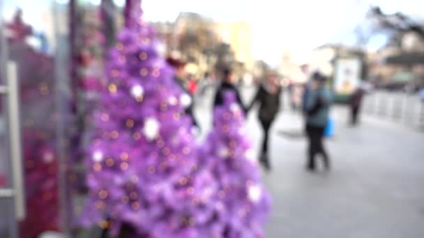 Decoración Año Nuevo Calle Ciudad Fuera Foco — Vídeos de Stock