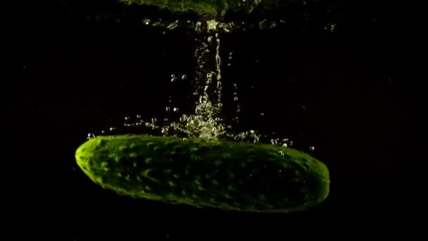 Vallen Van Komkommer Water Langzame Beweging Zwarte Achtergrond — Stockvideo