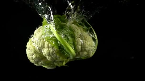 花椰菜掉进水里 慢动作黑色背景 — 图库视频影像