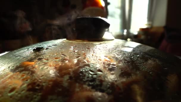 과일을 요리한다 프라이팬에서 요리하는 고깃덩어리 — 비디오