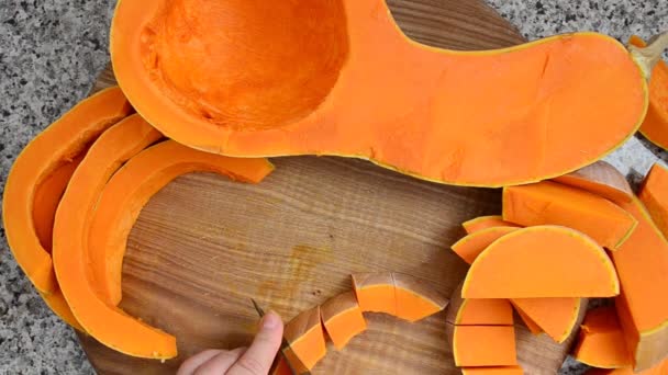 Cutting Pumpkin Work Cook Shooting Kitchen — Stock Video