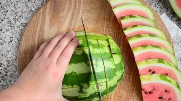 Schneiden Von Wassermelonen Arbeit Des Kochs Schießerei Küche — Stockvideo