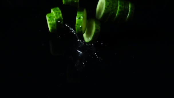 Falling Segments Cucumber Slow Motion — Stock Video