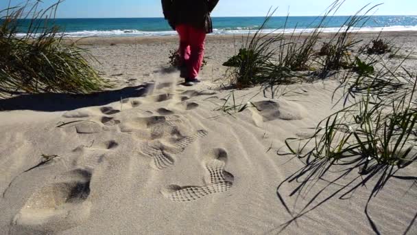 Kvinnan Springer Sanddyner Till Havet Långsamma Rörelser — Stockvideo