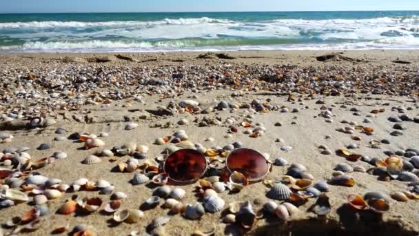 Γυαλιά Ηλίου Στην Αμμώδη Παραλία Αργή Κίνηση — Αρχείο Βίντεο