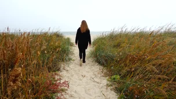 Girl Goes Sea Beach Footpath Shooting Fall — Stock Video