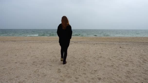 Het Meisje Loopt Het Strand Schieten Het Strand — Stockvideo