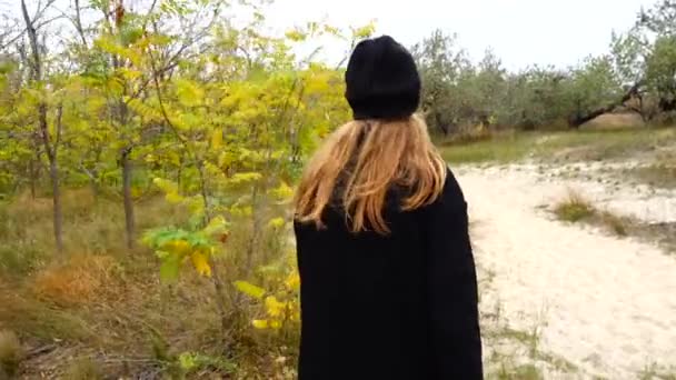 Κορίτσι Περνάει Από Φθινοπωρινά Δέντρα Πυροβολισμοί Φθινόπωρο — Αρχείο Βίντεο