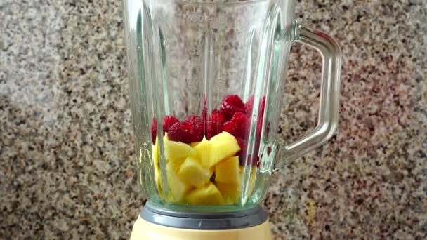 Vullen Blender Van Appels Frambozen Bananen Bereiding Van Smoothie Blender — Stockvideo