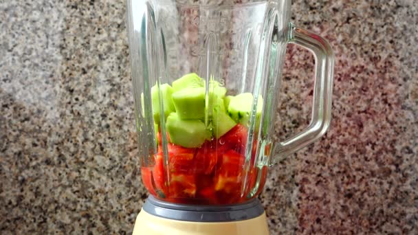 Filling Blender Tomatoes Cucumbers Bulgarian Pepper Preparation Gazpacho Blender — Stock Video