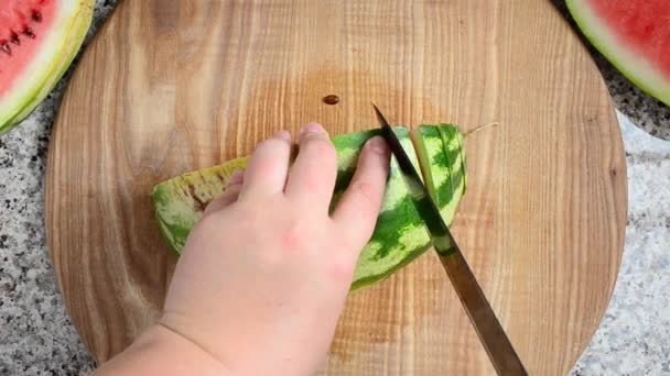 Skärning Vattenmelon Kockens Arbete Skytte Köket — Stockvideo