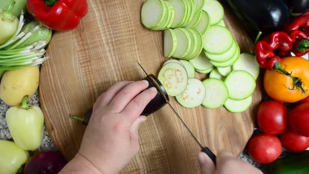Cook Cuts Eggplant Preparation Vegetables — Stock Video