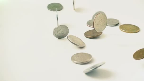 Coins Falling Slow Motion Shooting Money — Stock Video