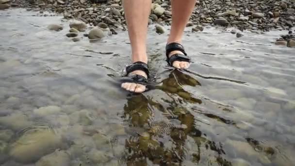 Чоловік Йде Дні Гірської Річки Повільний Рух — стокове відео