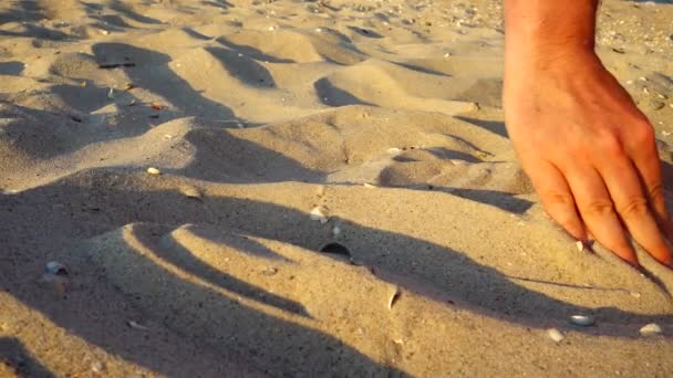 Uomo Sulla Spiaggia Mare Ottiene Sabbia Rallentatore Girare Sulla Spiaggia — Video Stock