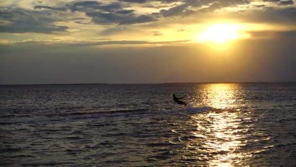 Kite Ombordstigning Sakta Backarna Solnedgång Över Havet Idrott — Stockvideo