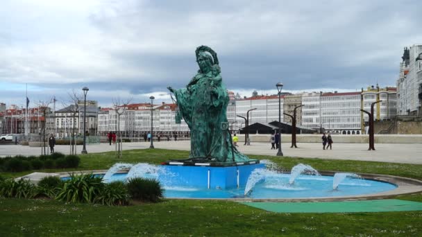 Fuente Paseo Marítimo Coruña España Cámara Lenta Monumento Adicado Virxe — Vídeos de Stock