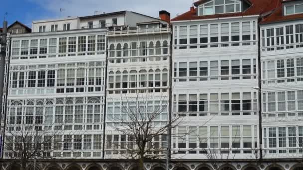 Coruna Spanien Stadsarkitektur Skottlossning Vallen Stadsarkitektur Skottlossning Vallen Coruna Den — Stockvideo