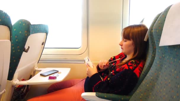 Κορίτσι Επιβάτης Στη Σιδηροδρομική Μεταφορά Του Τρένου Υψηλής Ταχύτητας Σκοποβολή — Αρχείο Βίντεο
