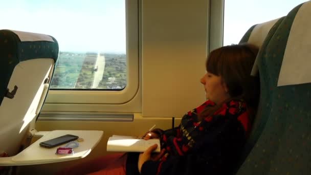 高速列车车厢里的女乘客 运动中的射击 — 图库视频影像