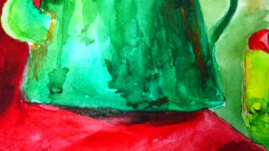 Çaydanlık ve biber çizmek, durgun bir hayat..