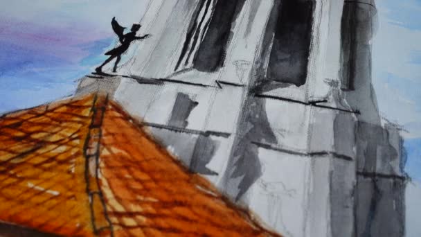 Spanya Girona Daki Katolik Tapınağının Çizimi — Stok video