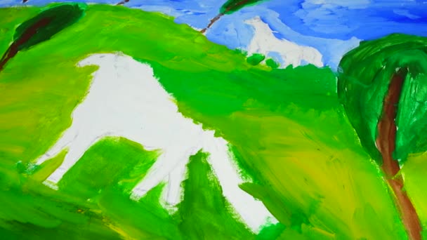 Die Zeichnung Von Weißen Pferden Auf Einer Wiese — Stockvideo