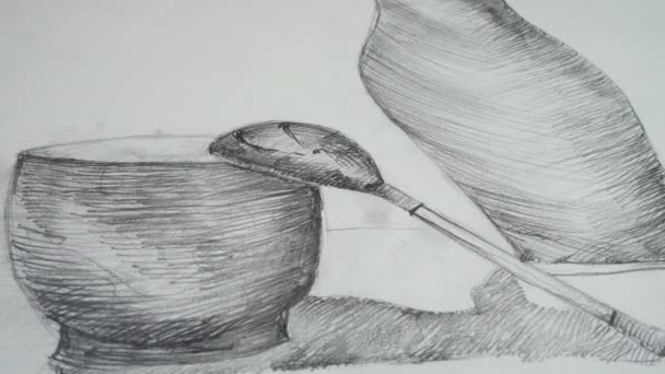 杯子和梨子都画在静谧的生命上 — 图库视频影像
