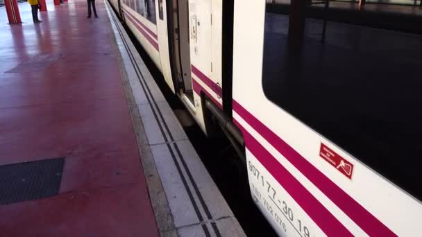 Schieten Van Treinwagon Van Trein Het Station Chamartin Madrid Schieten — Stockvideo