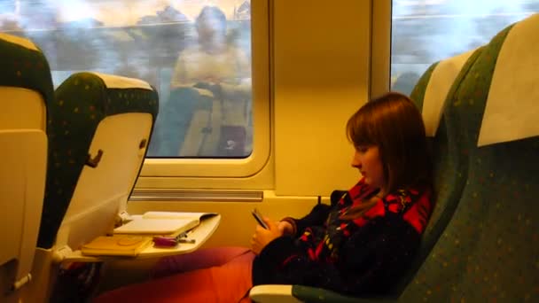 Lány Vasúti Kocsiban Nagysebességű Vonaton Fényképezés Mozgalomban — Stock videók