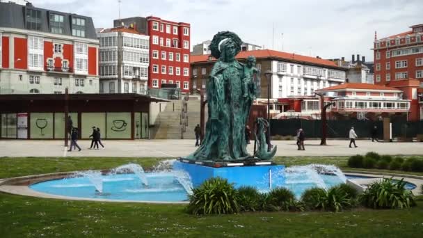 Fontána Paseo Maritimo Coruna Španělsko Zpomal Monumento Adicado Virxe Carme — Stock video