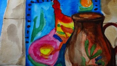 Mutfak hala vazo, elma ve inci şeklinde. Çizim..