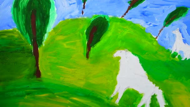 Le dessin de chevaux blancs sur une prairie. Tournage du dessin .
