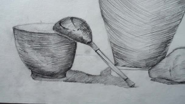 Jug Cup Pear Drawn Still Life Shooting Drawing — Stock Video