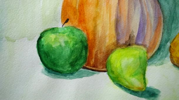 Still Life Form Pumpkin Apples Pears Shooting Drawing — Stock Video