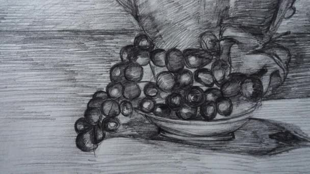 还是以茶壶和葡萄的形式存在着 绘画的拍摄 — 图库视频影像