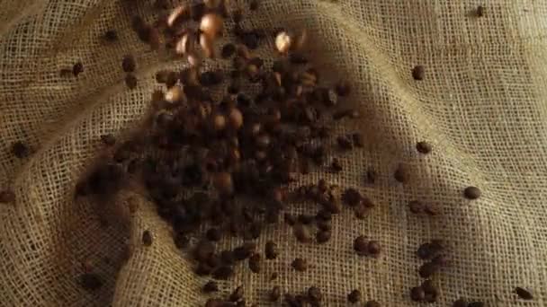 Kahve Çekirdekleri Çuvala Düşer Yavaş Çekim — Stok video