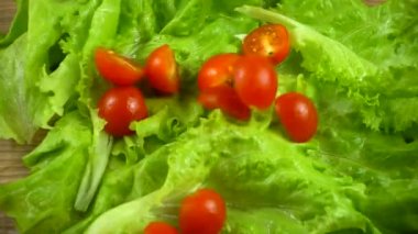 Marul yapraklarının üzerine dökülen domatesler. Yavaş çekim.