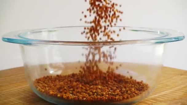 Buckwheat Dituangkan Dalam Panci Kaca Gerakan Lambat — Stok Video