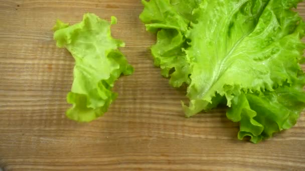 Lettuce Leaves Fall Board Slow Motion — Stock Video