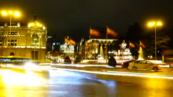 Cibeles Fountain Madrid Night Traffic Madrid Timelapse Spain Fountain Built — Stock Video