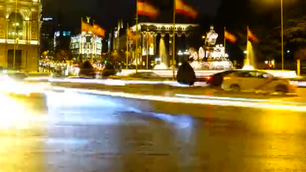 Madrid Deki Cibeles Çeşmesi Madrid Gece Trafiği Zaman Ayarlı Spanya — Stok video