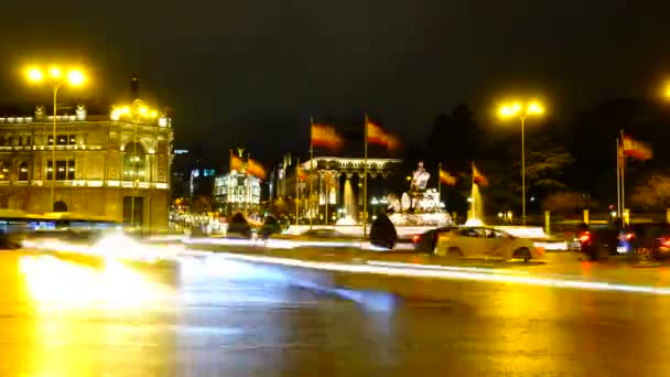 Фонтан Сибелес Мадриде Ночное Движение Мадриде Временной Промежуток Испании Фонтан — стоковое видео
