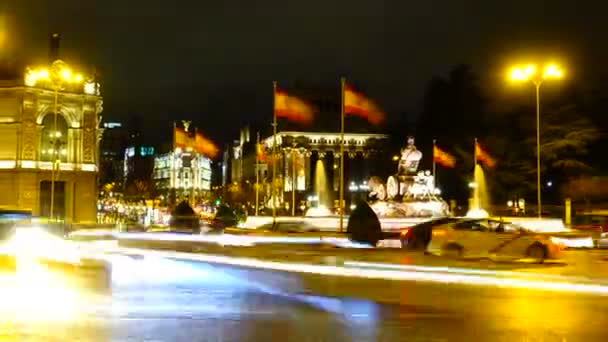 Madrid Deki Cibeles Çeşmesi Madrid Gece Trafiği Zaman Ayarlı Spanya — Stok video