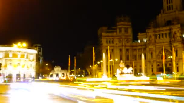 Fonte Cibeles Madrid Tráfego Noturno Madrid Timelapse Espanha Fonte Foi — Vídeo de Stock