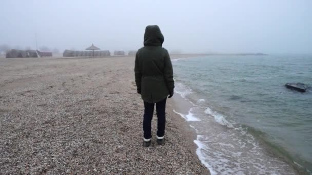 Девушка Бегает Морскому Песку Зима Туман Медленное Движение 240 Кадров — стоковое видео