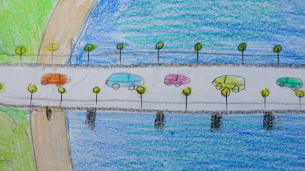Zeichnung Der Brücke Und Des Autos Aufnahme Der Zeichnung — Stockvideo