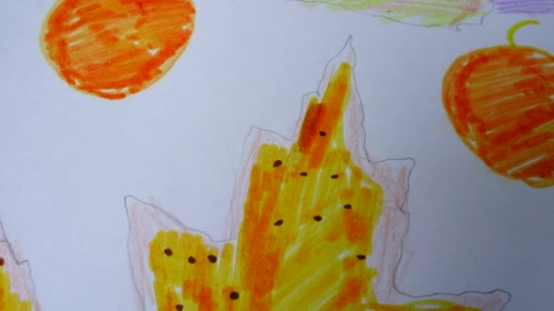 Children Drawing Autumn Leaves Fruit — Stock Video