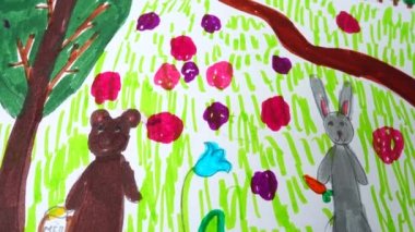 Ormanda bir ayı ve tavşan çizimi..