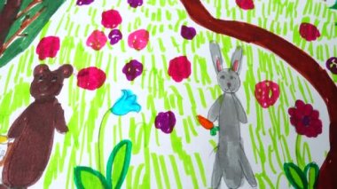 Ormanda bir ayı ve tavşan çizimi..